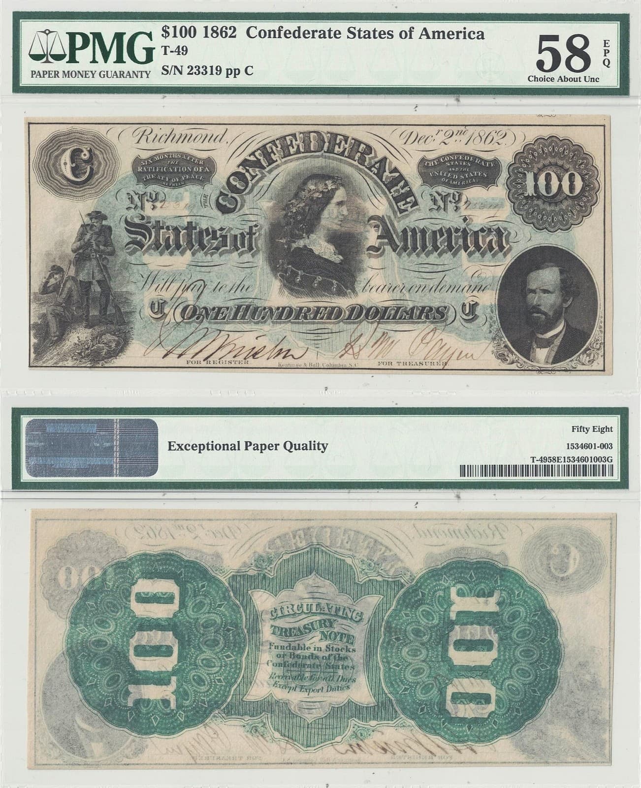 1862 $100 Confederate Note T-49 PMG AU-58 EPQ