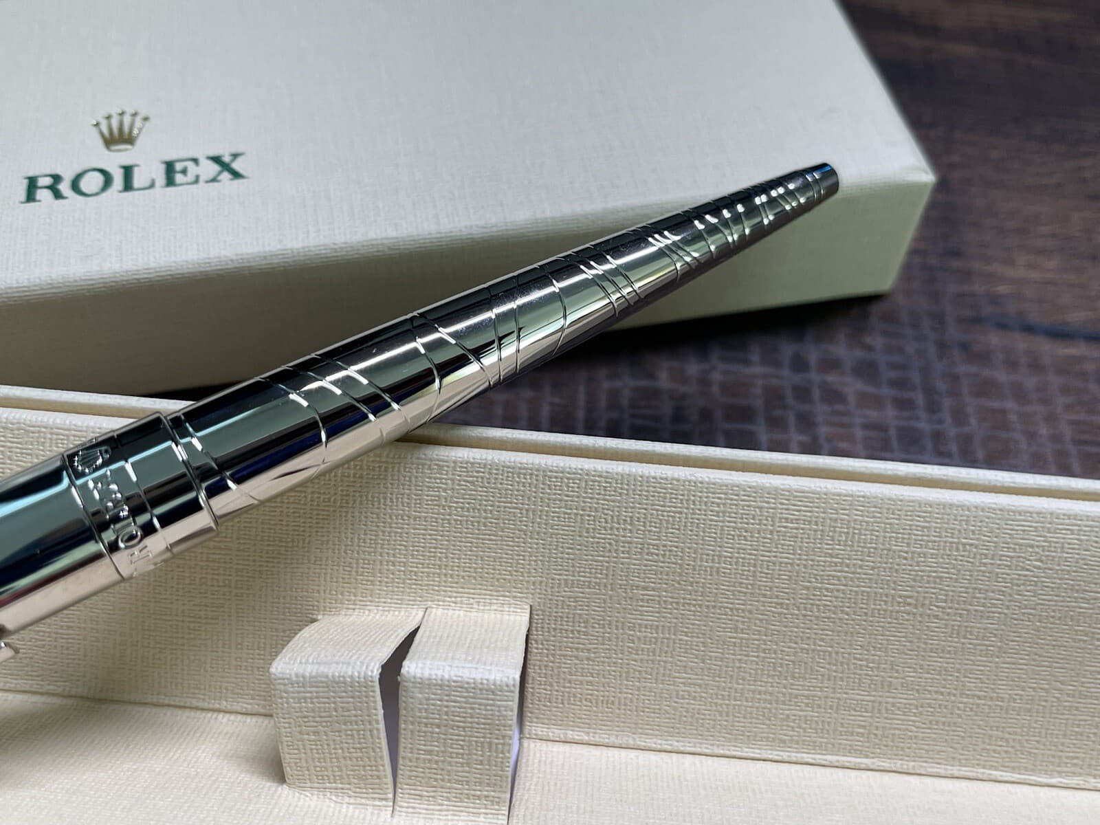 Authentic Rolex Ballpoint Pen Rare Silver Platinum Finish WAVE PATTERN In Box 5