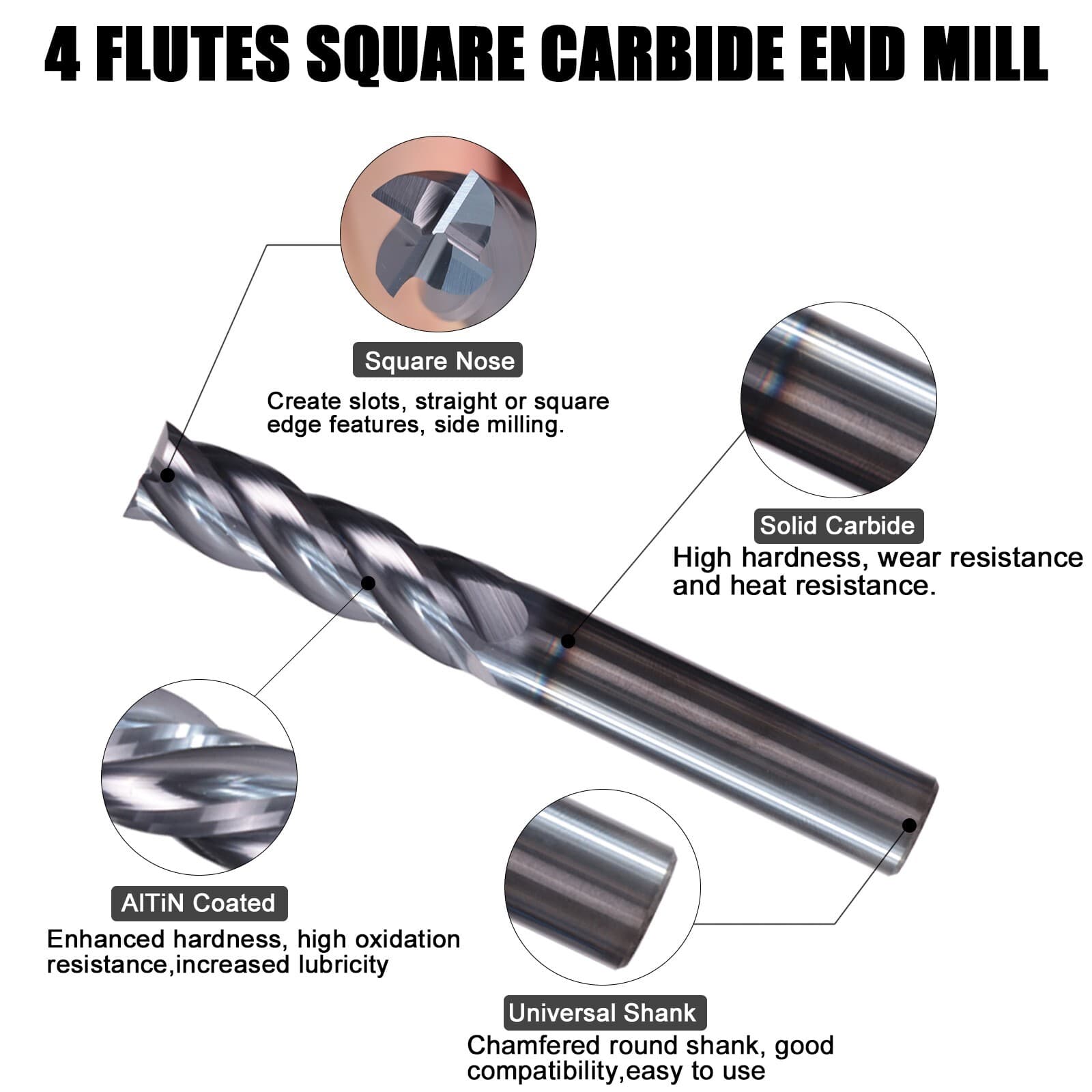 5 PCS 5/16" 4 Flute 2-1/2" Overall Length Carbide End Mill - AlTiN Coated 2