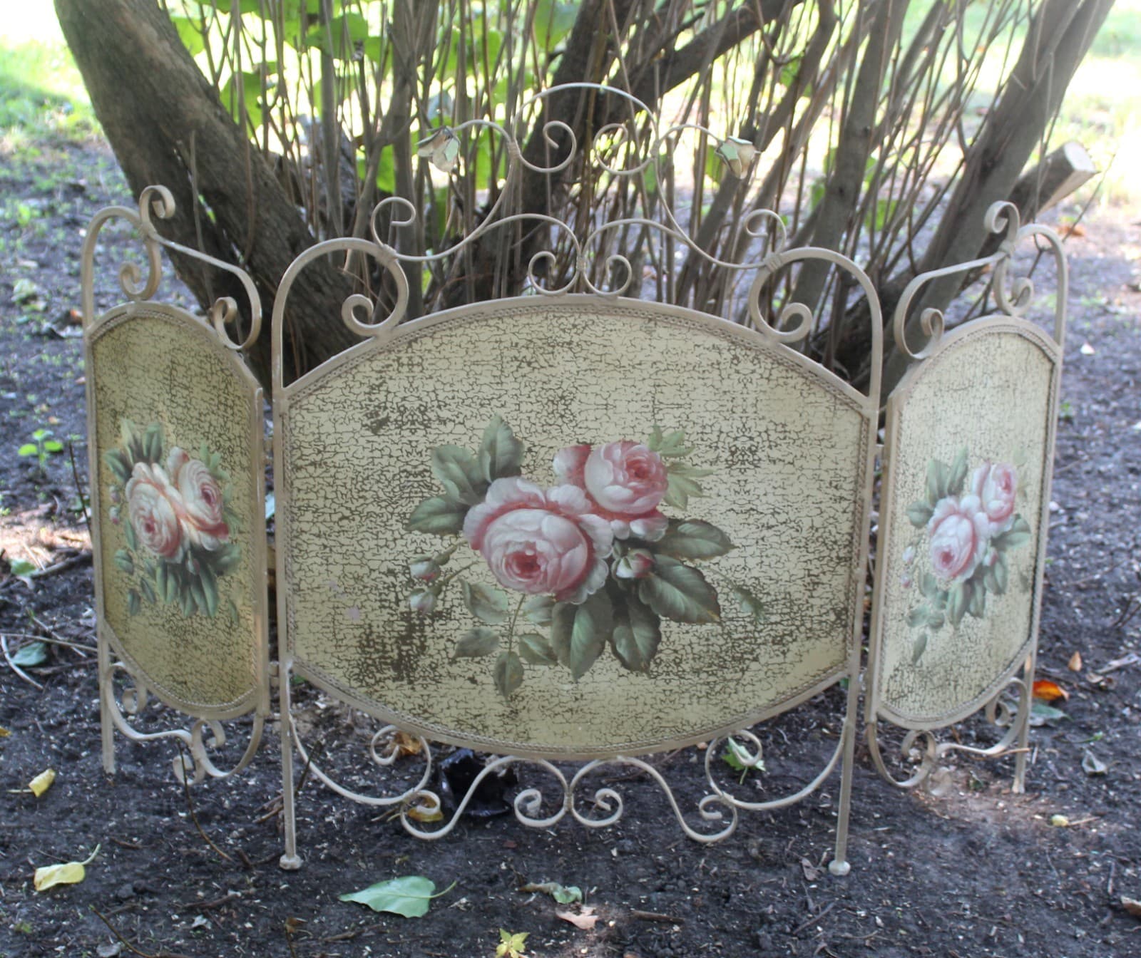 Fireplace Screen Vintage GUC 3-Panel Floral Hand-Painted Metal 48" W x 33 1/2" T 2