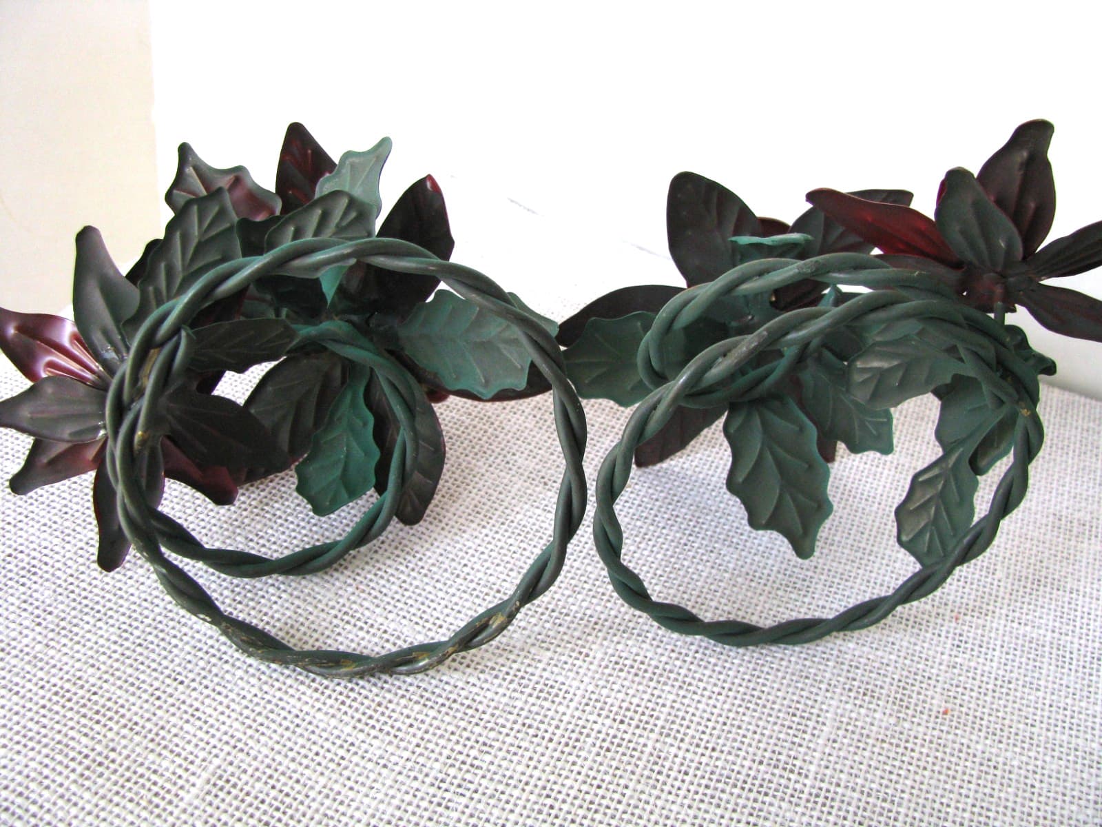 Set of 2 Cranberry Poinsettias Coiled Metal Taper Candle Holders Holly Leaves 5