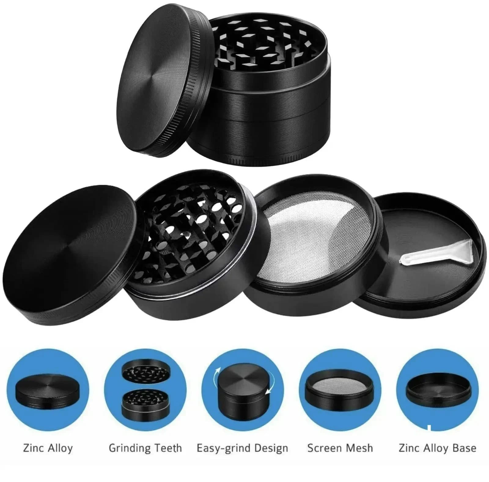 Solid Black 4-Piece Herb Grinder with Kief Catcher – Sharp Teeth & Magnetic Lid 2