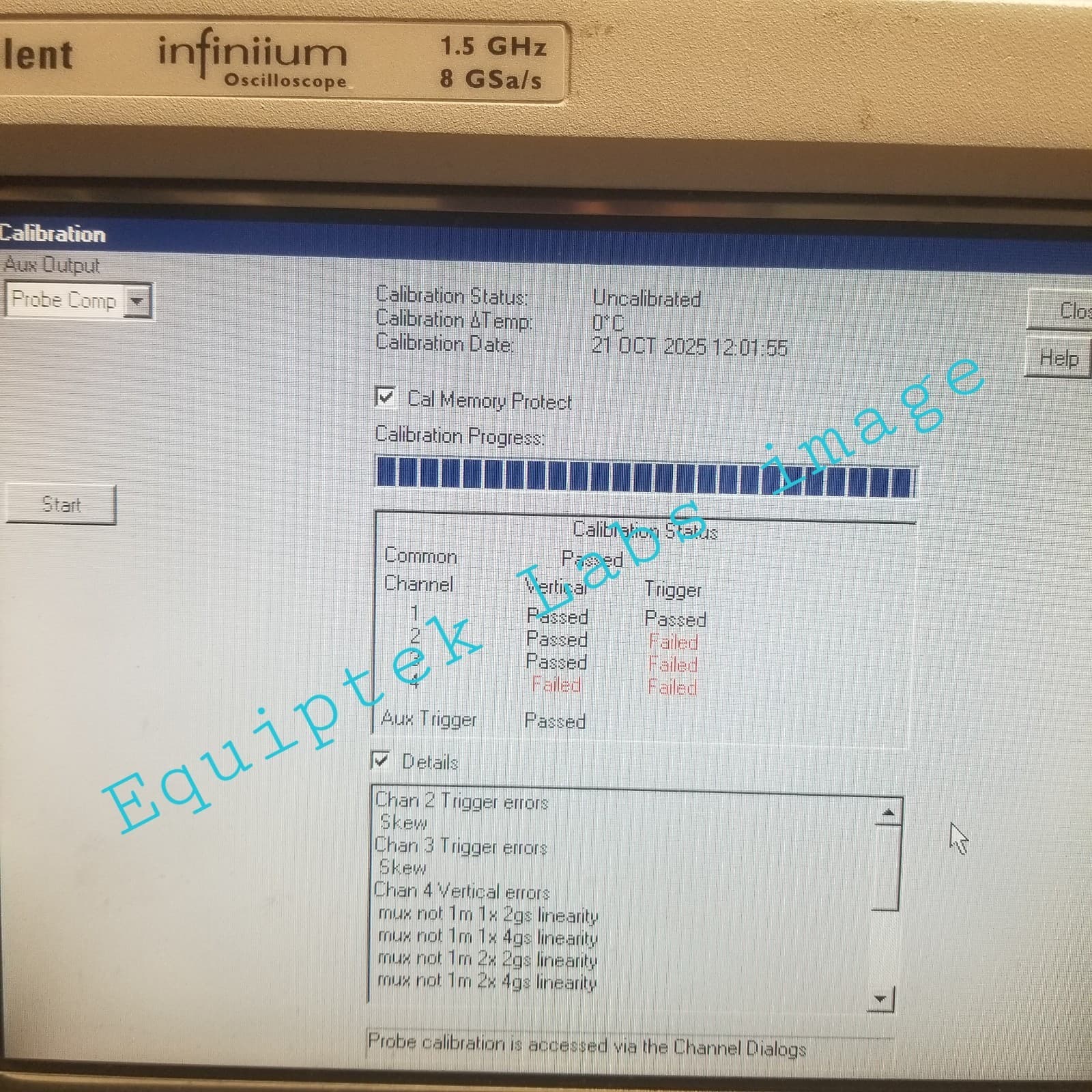Agilent 54845A Oscilloscope 1.5 GHz DSO 4 Ch 50/1 MΩ works but fails self cal 3