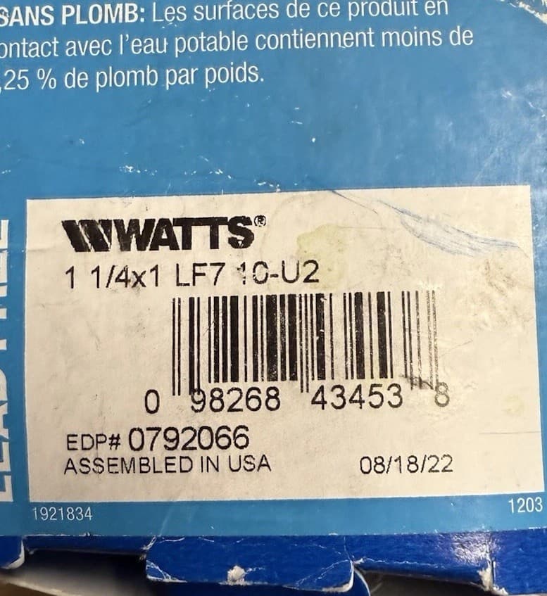 WATTS 1-1/4 x 1 LF7 10-U2 0792066 LEAD FREE DUAL CHECK VALVE/ BACKFLOW PREVENTER 5