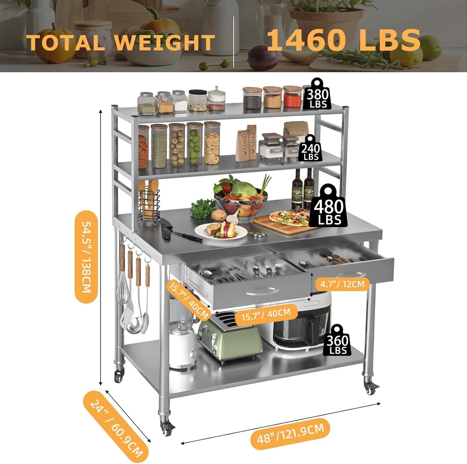 Stainless Steel Table with Shelves and Drawer Prep Table Work Tables Workbench 3