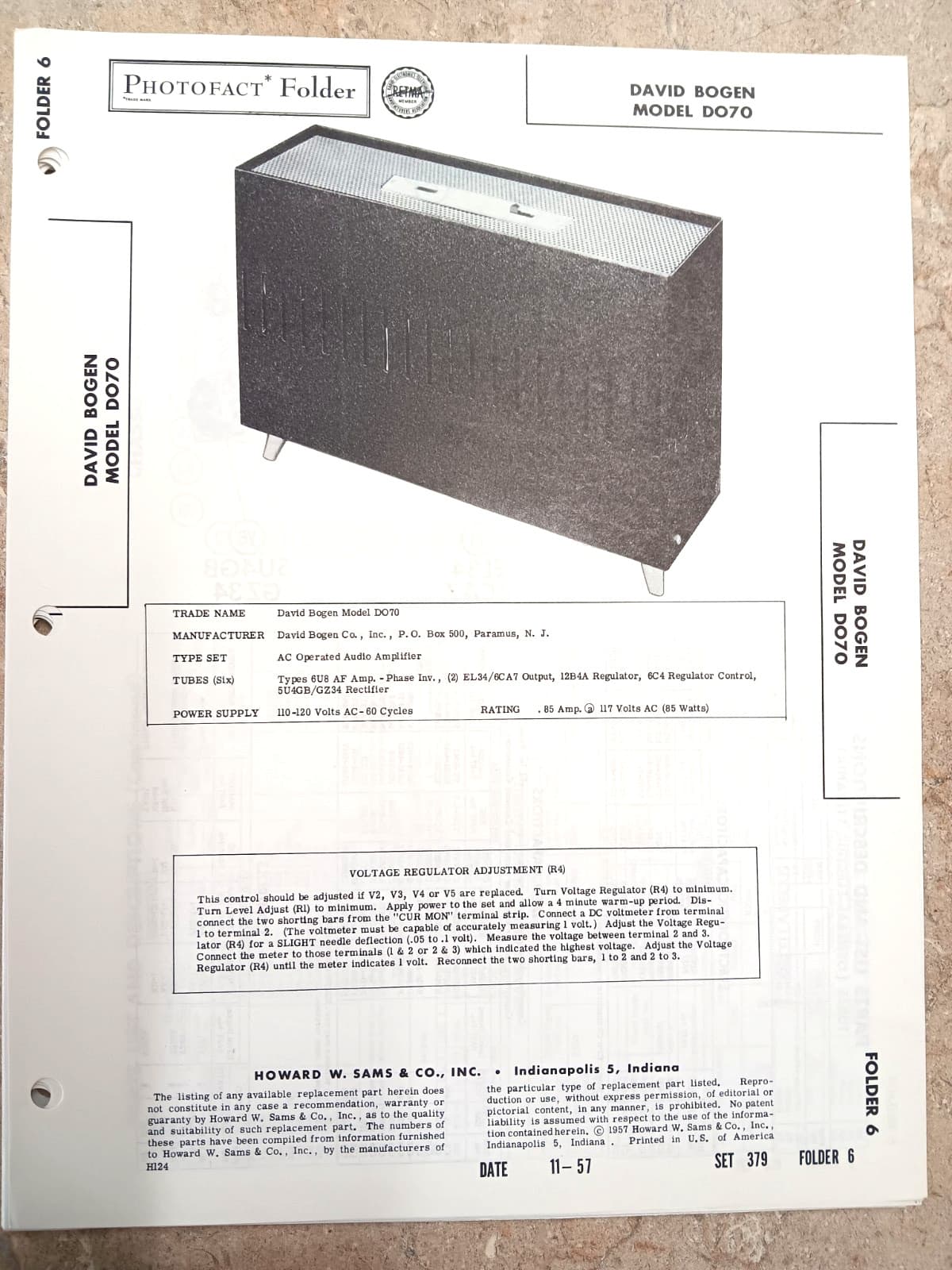 DAVID BOGEN DO70 EL34 AMPLIFIER - SAMS PHOTOFACT 379/6 Schematic, Parts Locator