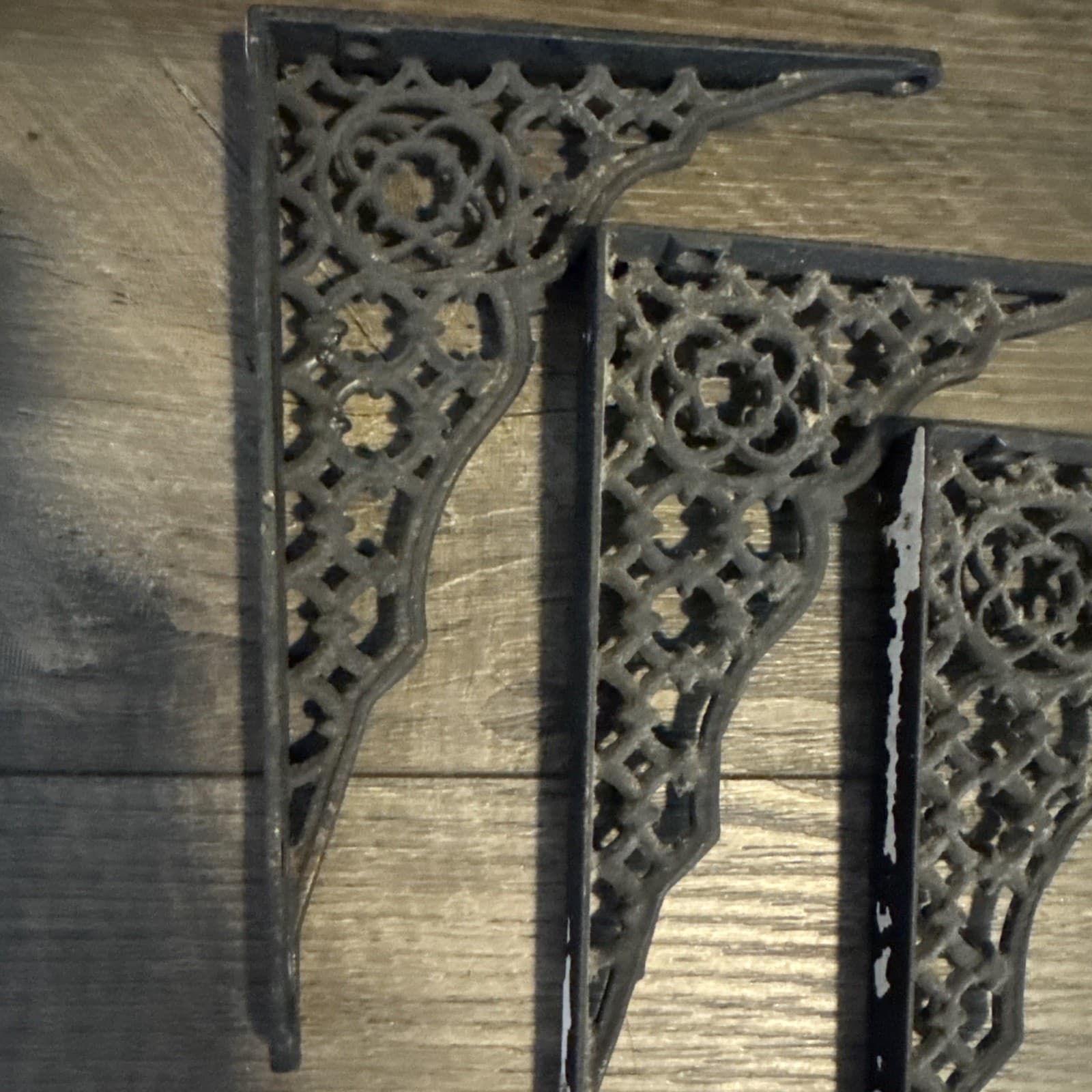 4 Ornate Antique/Vintage Black Cast Iron Shelf Brackets - Metal Hardware Salvage 2