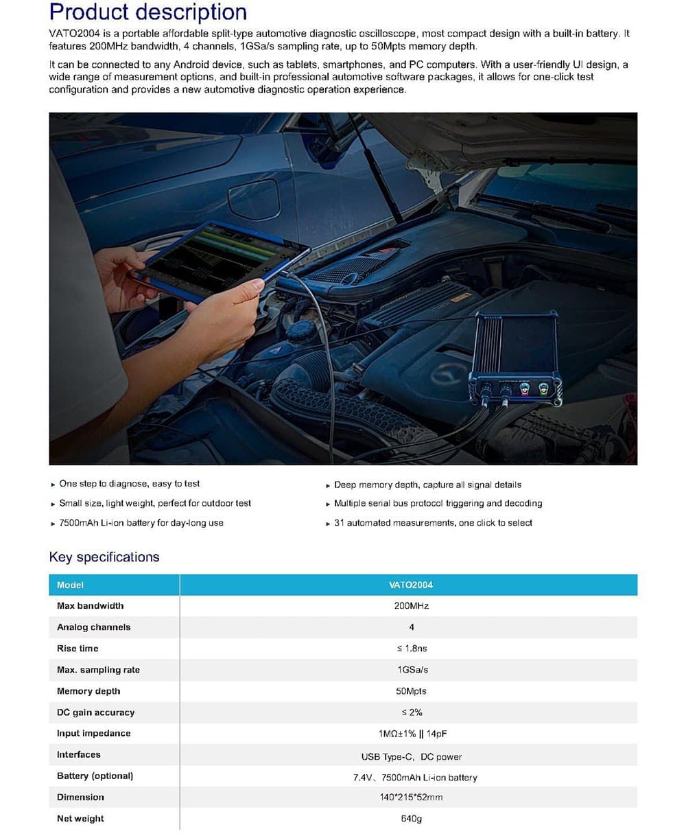 MICSIG VATO2004 USB Digital Automotive Oscilloscope 200Mhz Bandwidth 4ch 1GSa/s 5