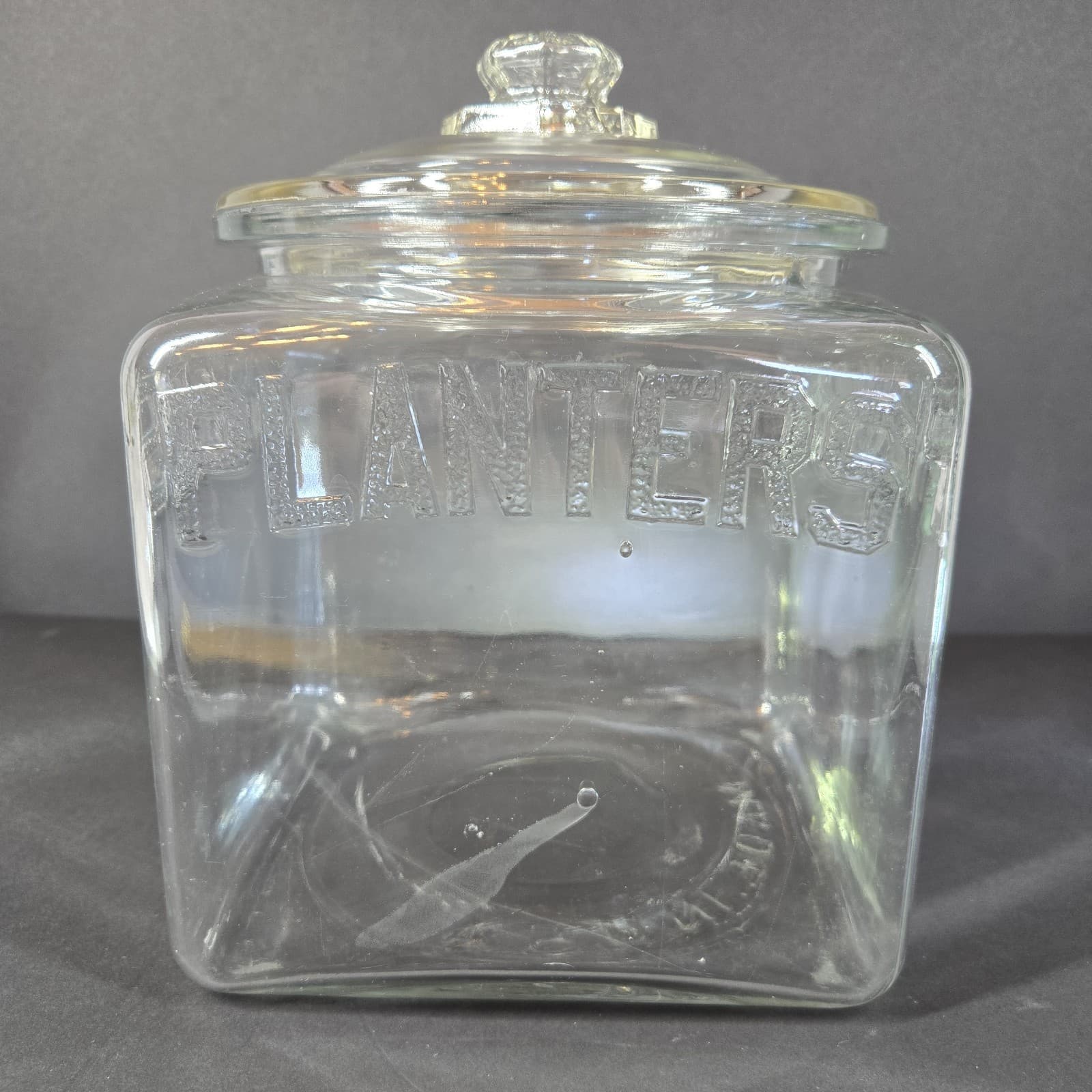 Vintage Planters Peanuts Square Embossed Glass Counter Jar knob Lid 1930s 2