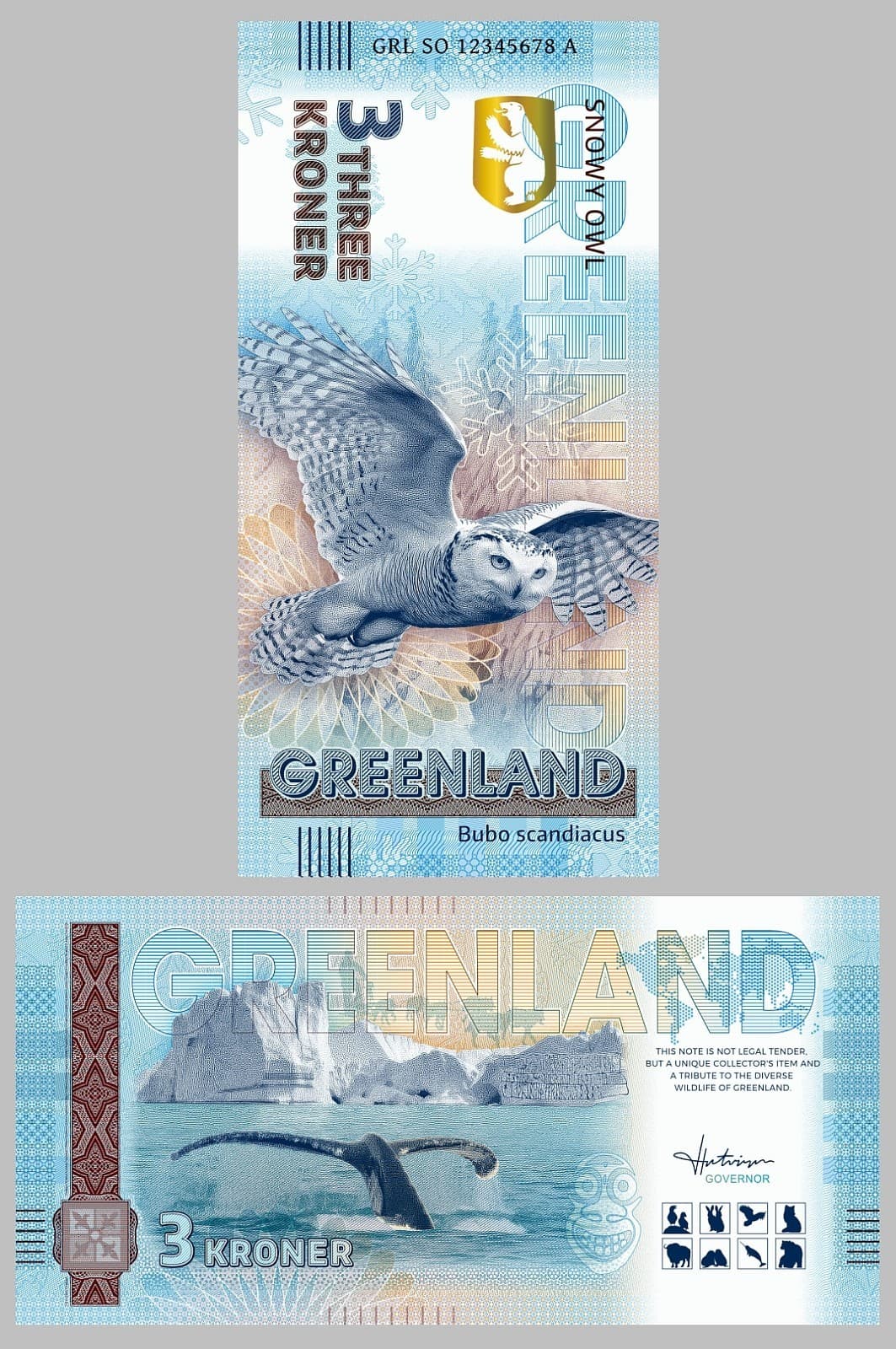 Greenland/Greenland 3 Kroner Souvenirschein 2025 Snowy Owl UV Hologram