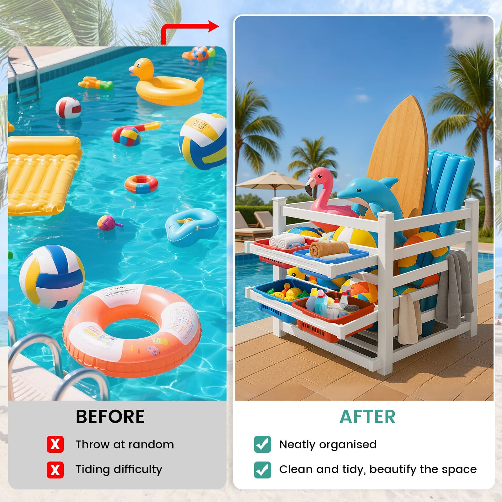 NAIZEA Pool Storage Bin 65"Wx45"Lx39" H PVC Vinyl Pool Float Storage Organizer 6