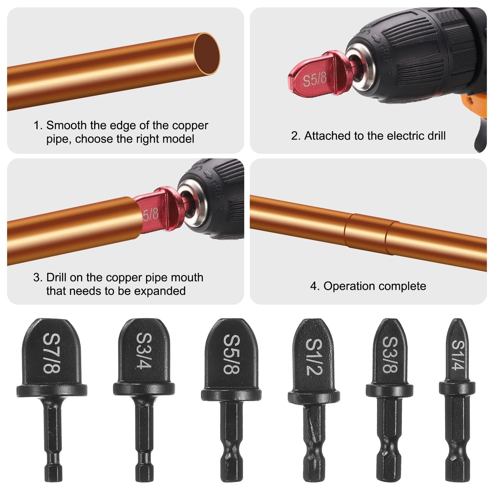 6Pcs Swaging Tool Drill Bit Set Tube Expander 1/4" 3/8" 1/2" 5/8" 3/4" 7/8" 3