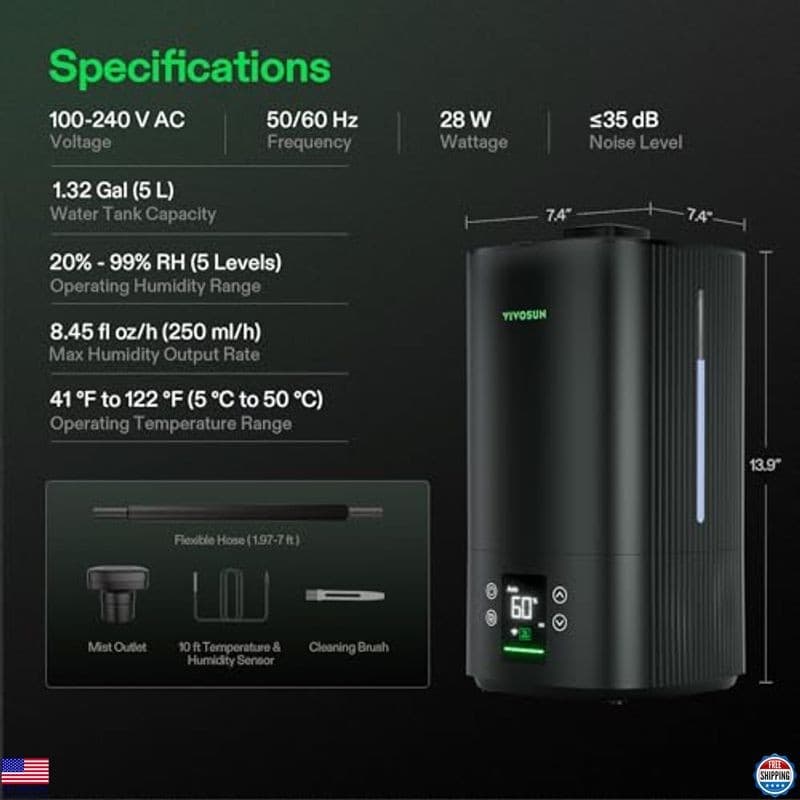 VIVOSUN AeroStream H05 Smart Wi-Fi Humidifier 1.32 Gal with Temp & Humidity 6