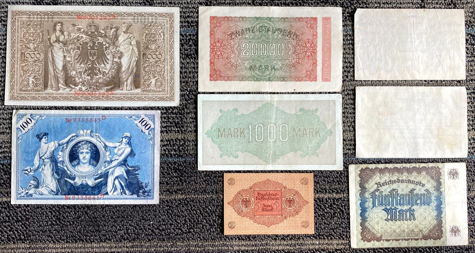 RARE German Banknote Set WWI & Hyperinflation 1908–1923 (8 Notes) - 100+ Yrs Old 2
