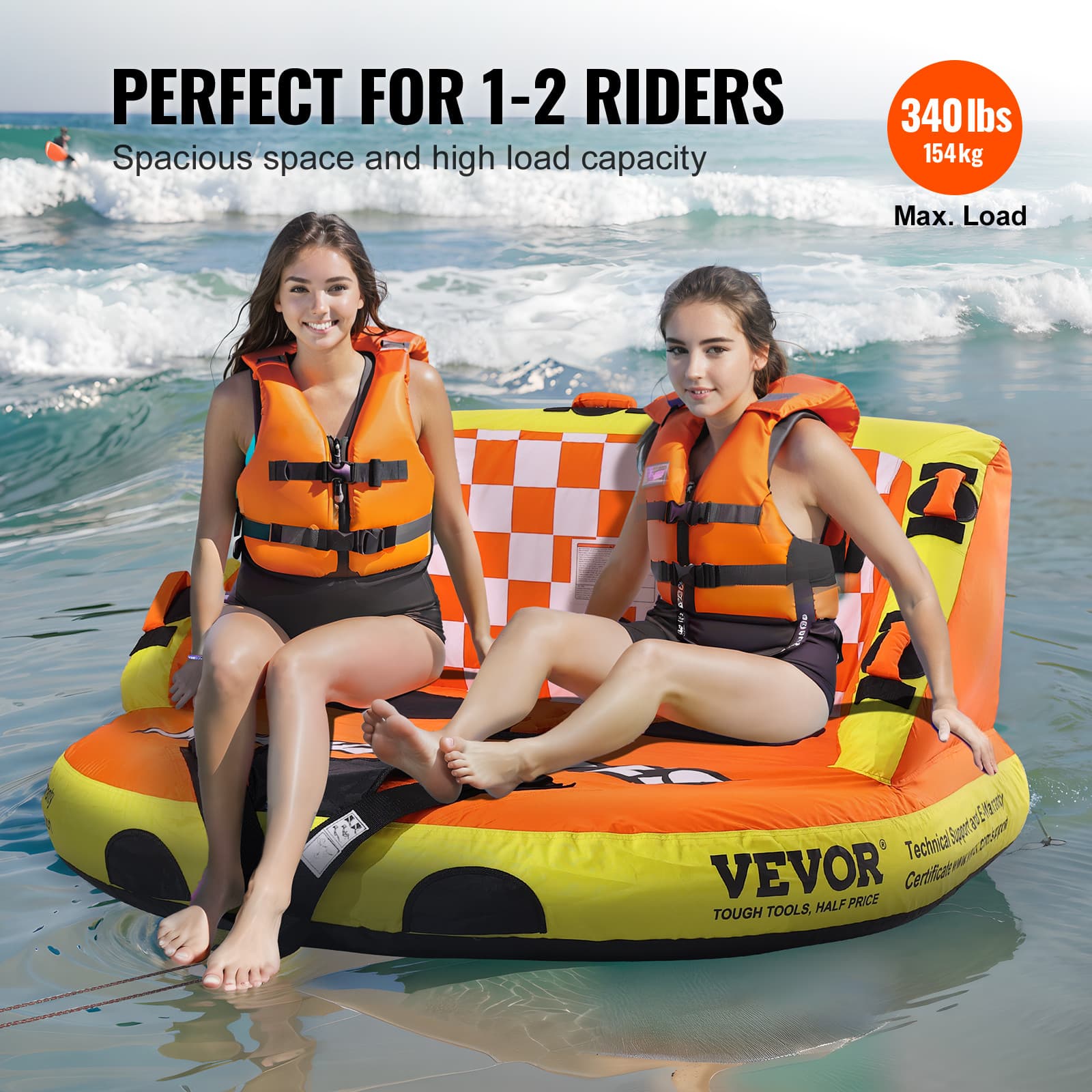VEVOR Inflatable Towable Tube for Boating 1-2 Rider with Deck Seats and Backrest 6