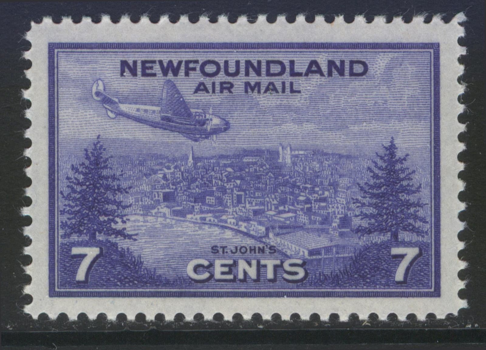 NEWFOUNDLAND C19 1943 7c ULTRAMARINE CBNC PLANE OVER ST JOHNS AIRMAIL VF MNH