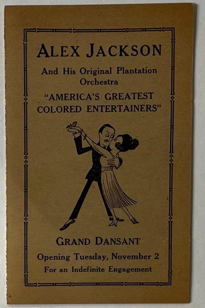 c1920s BLACK BAND PAMPHLET, ALEX JACKSON AND HIS ORIGINAL PLANTATION ORCHESTRA