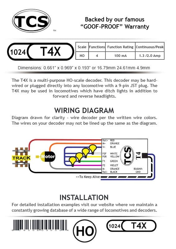 TCS T4X HO Scale DCC Motor Decoder 4 Function 9-pin JST & KA Plug 2