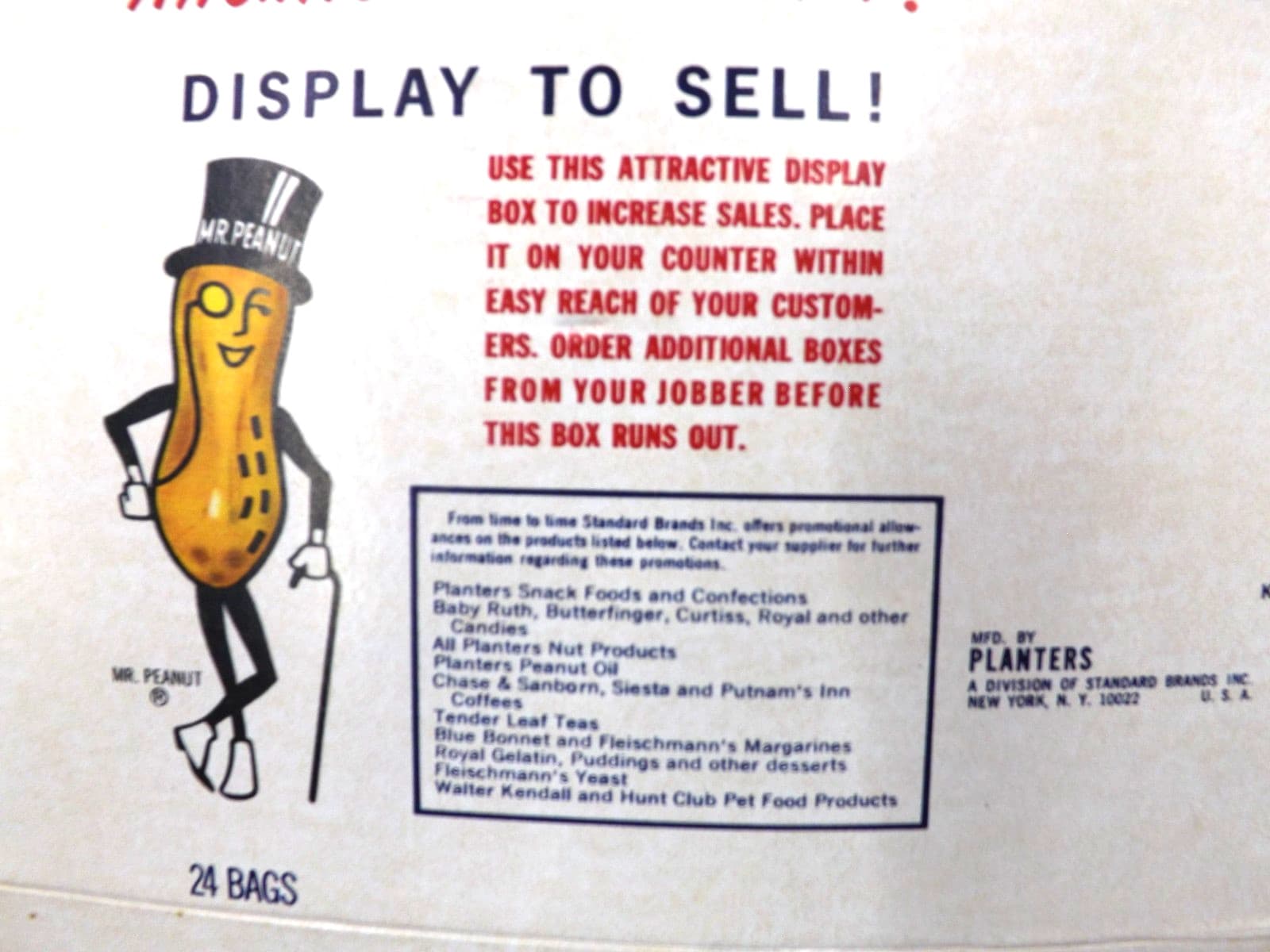 VINTAGE PLANTERS PEANUTS SALTED CASHEWS DISPLAY BOX Flat but Complete 3