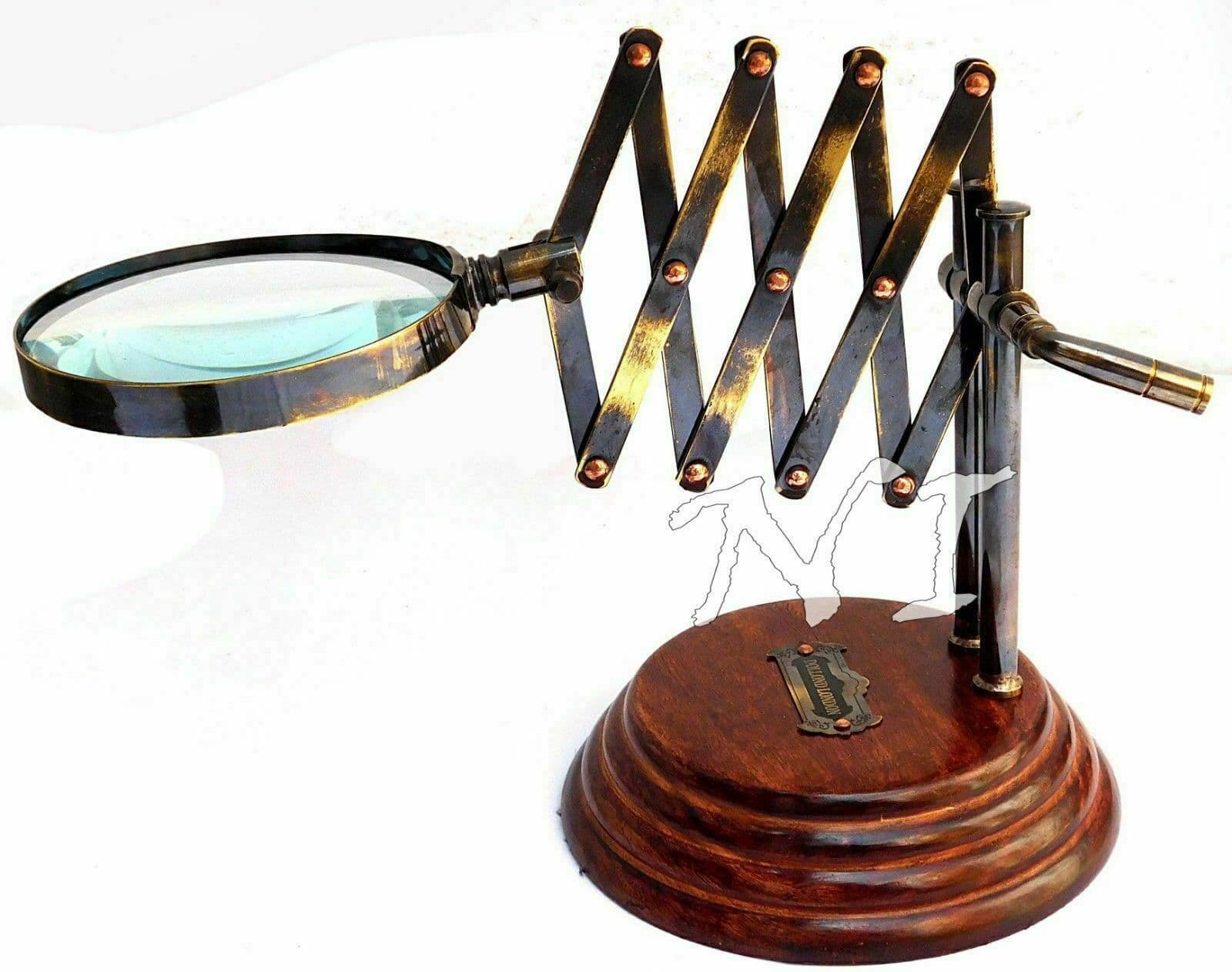 Old Desktop Channer Magnifier Brass Vintage Magnifying Glass on Wooden Stand 2