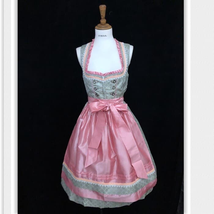 Pink Green Dirndl Oktoberfest Lace Up Dress Size 44 Medallion Apron Cosplay F96