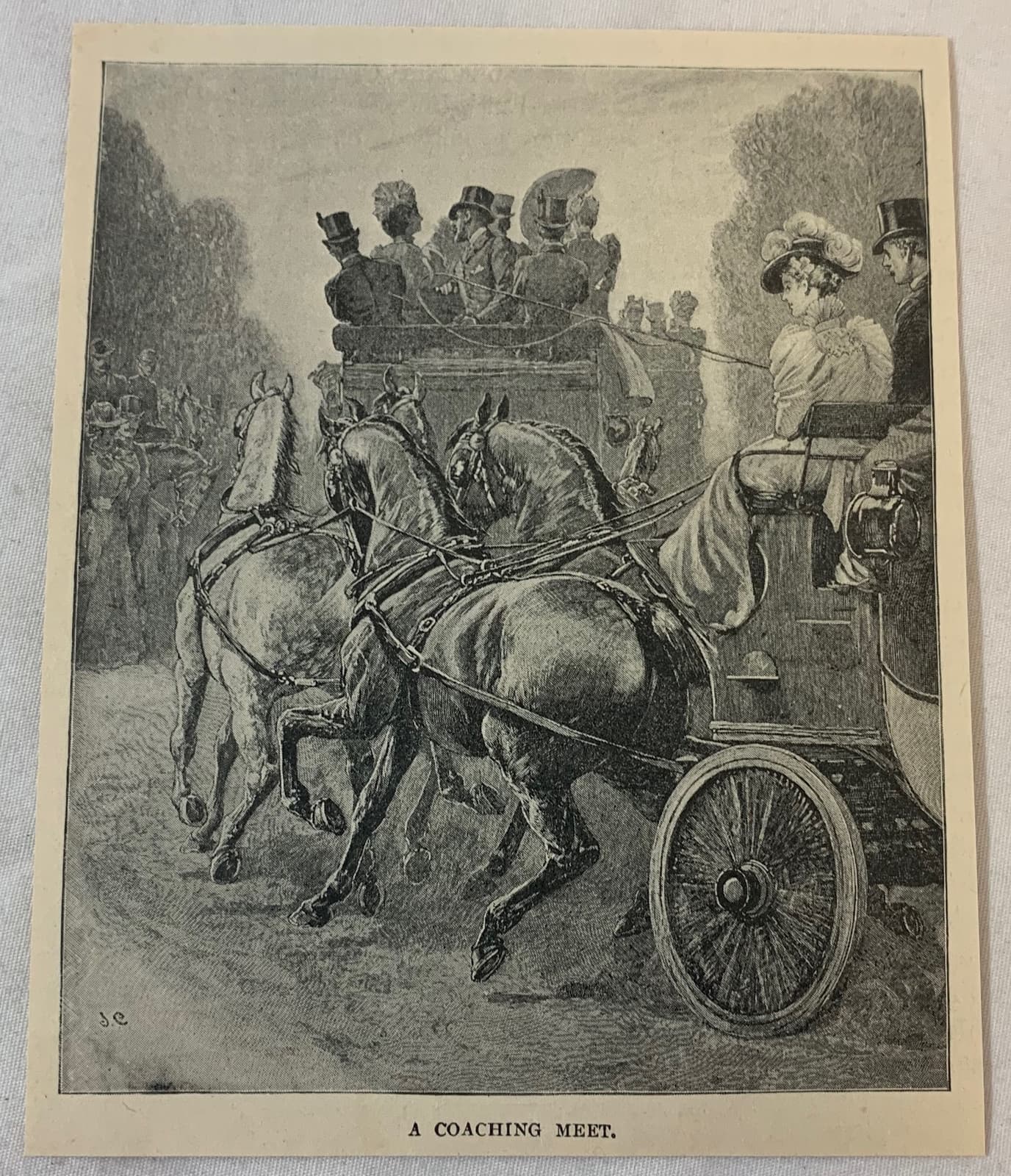 1895 magazine engraving ~ A COACHING MEET horse drawn carriages