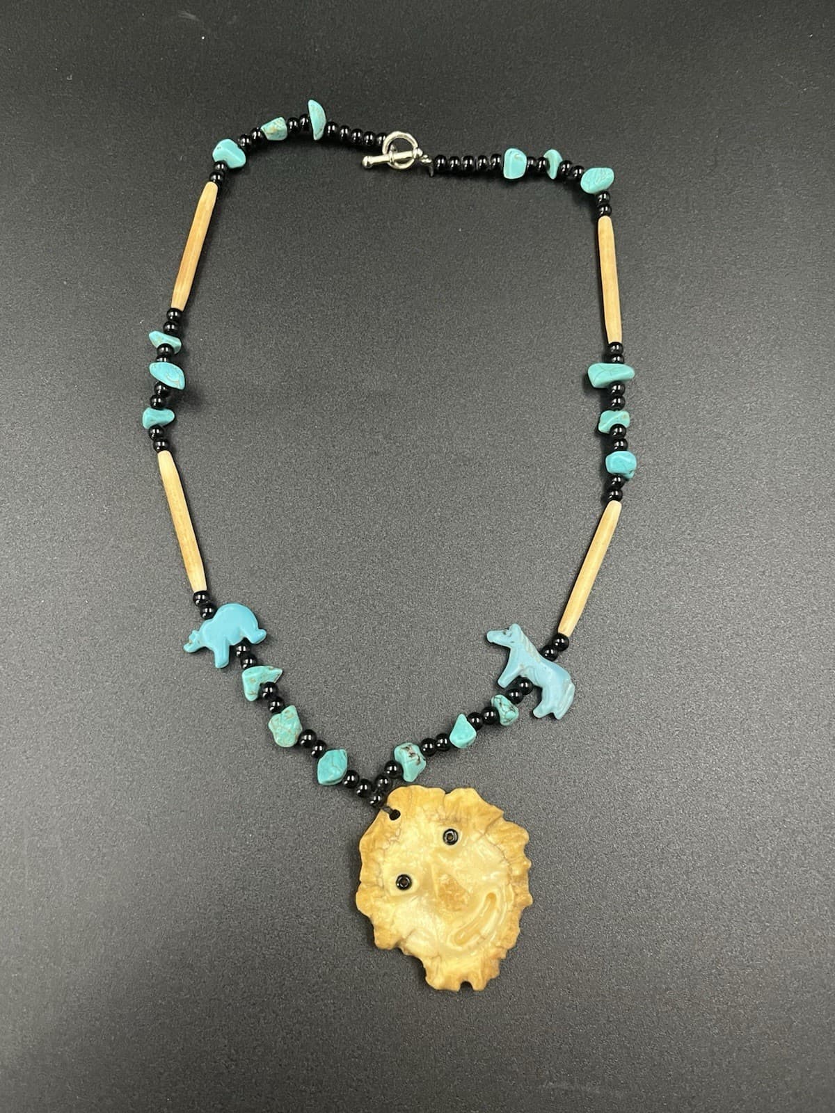 Native American Turquoise Carved Antler Face Beaded Necklace Folk Art Handmade 4