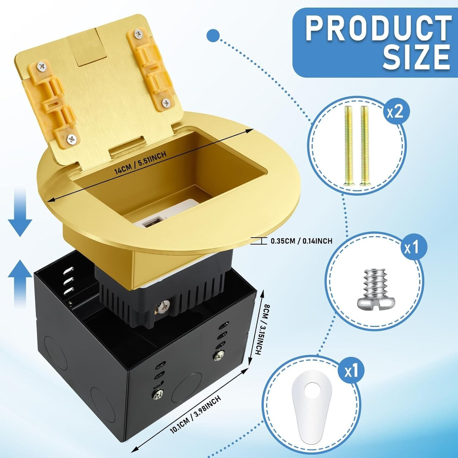 Kanayu Gold Recessed Floor Outlet 3.98"x3.66"x3.15" 1-Gang with 4.8A USB Charger 2