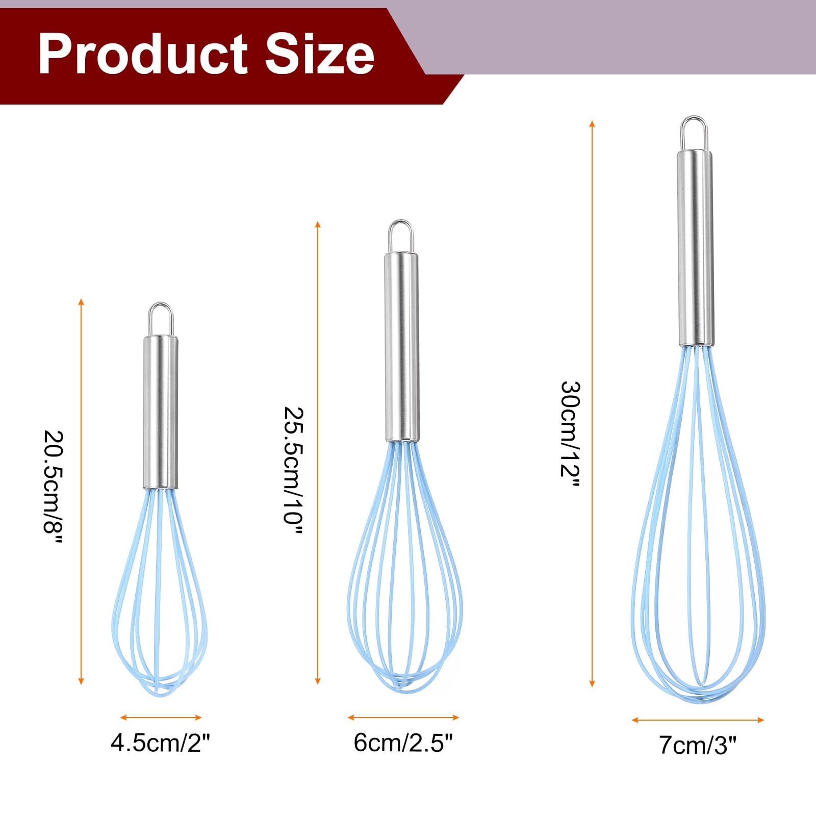 3Pcs Silicone Whisk 8" 10" 12" Kitchen Whisk Wire Whisks Beater Blue 2