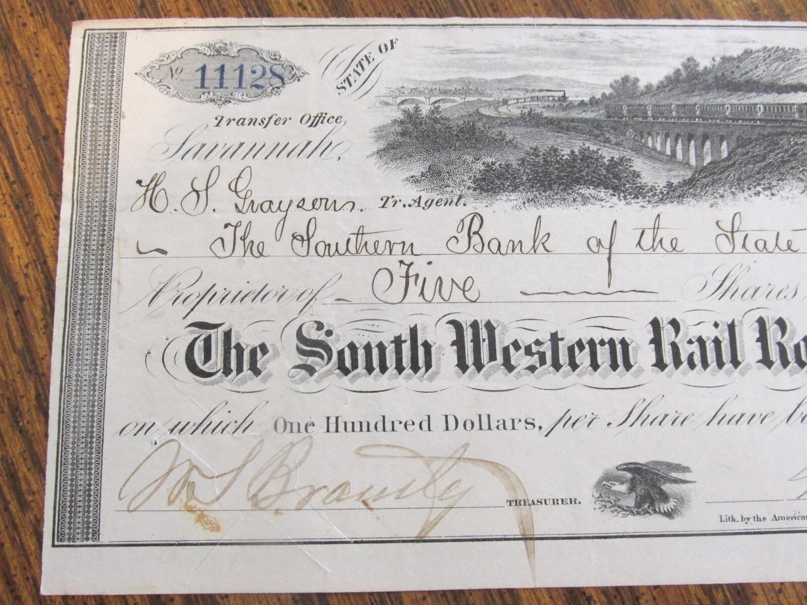 1882 THE SOUTH WESTERN RAIL ROAD COMPANY stock certificate lot BE 5