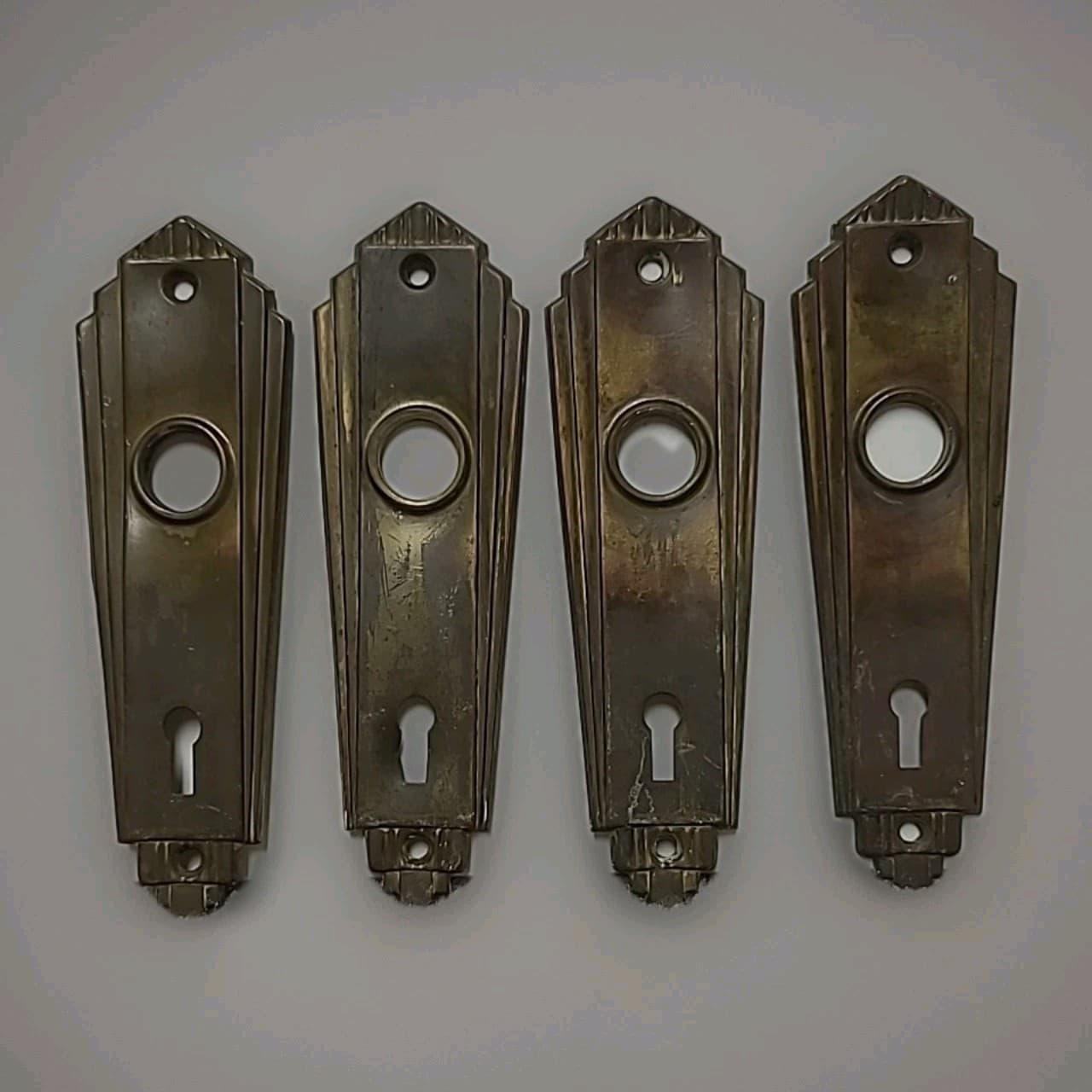 Set of 4 Brass Art Deco Door Knob Backplates with Key Holes 6"x1.75" Ships FREE