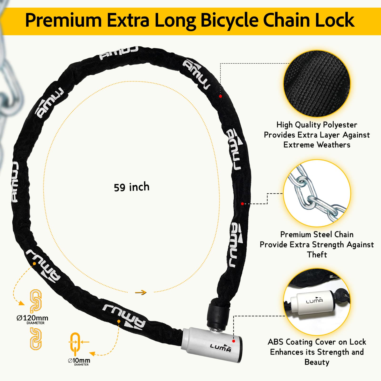 LUMA Enduro 8 Heavy Duty 59-Inch Large Bike Chain Lock with Keys 3