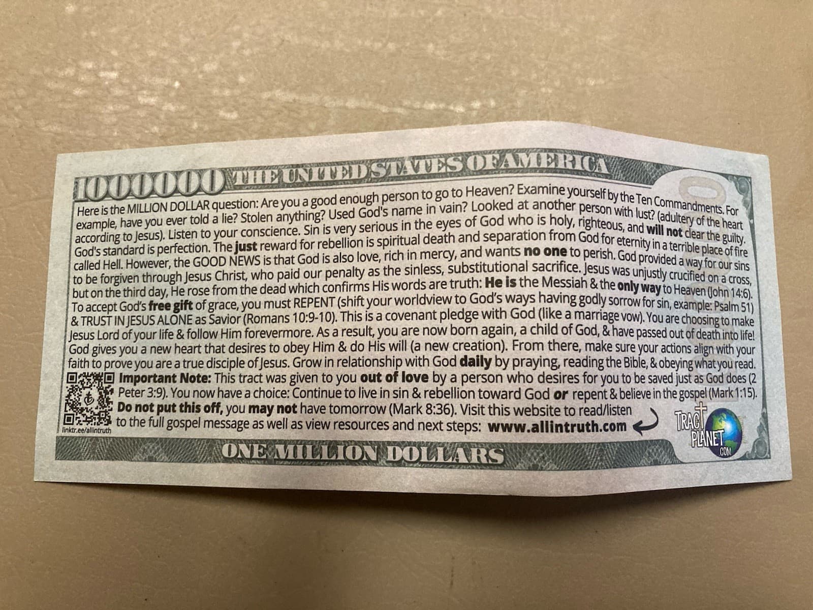 Reproduction Of A United States Million Dollar Bill With An Encouraging Message 2