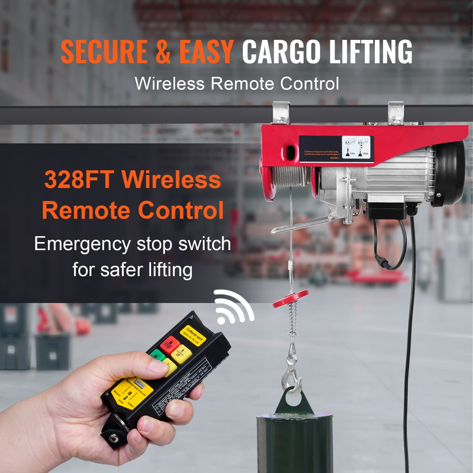 Uimoso Electric Hoist 2200lb Crane Winch with Wireless Remote Control 1600W 110V 3