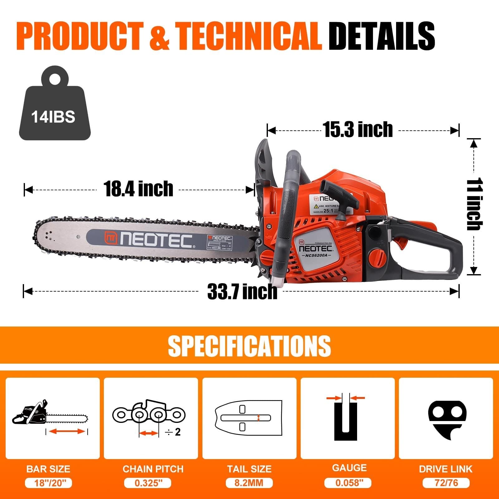 2-Stroke Gasoline Chainsaw 18" + 20" Bar Power Engine Wood Cutting Gas Chain Saw 6
