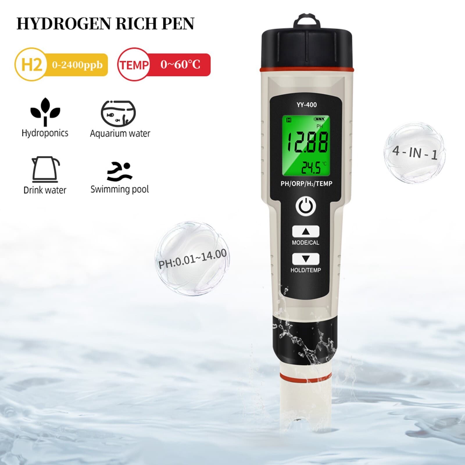 Portable 4 In 1 Hydrogen-Rich Test Pen PH/ORP/TEMP Water Quality Meter Tester US