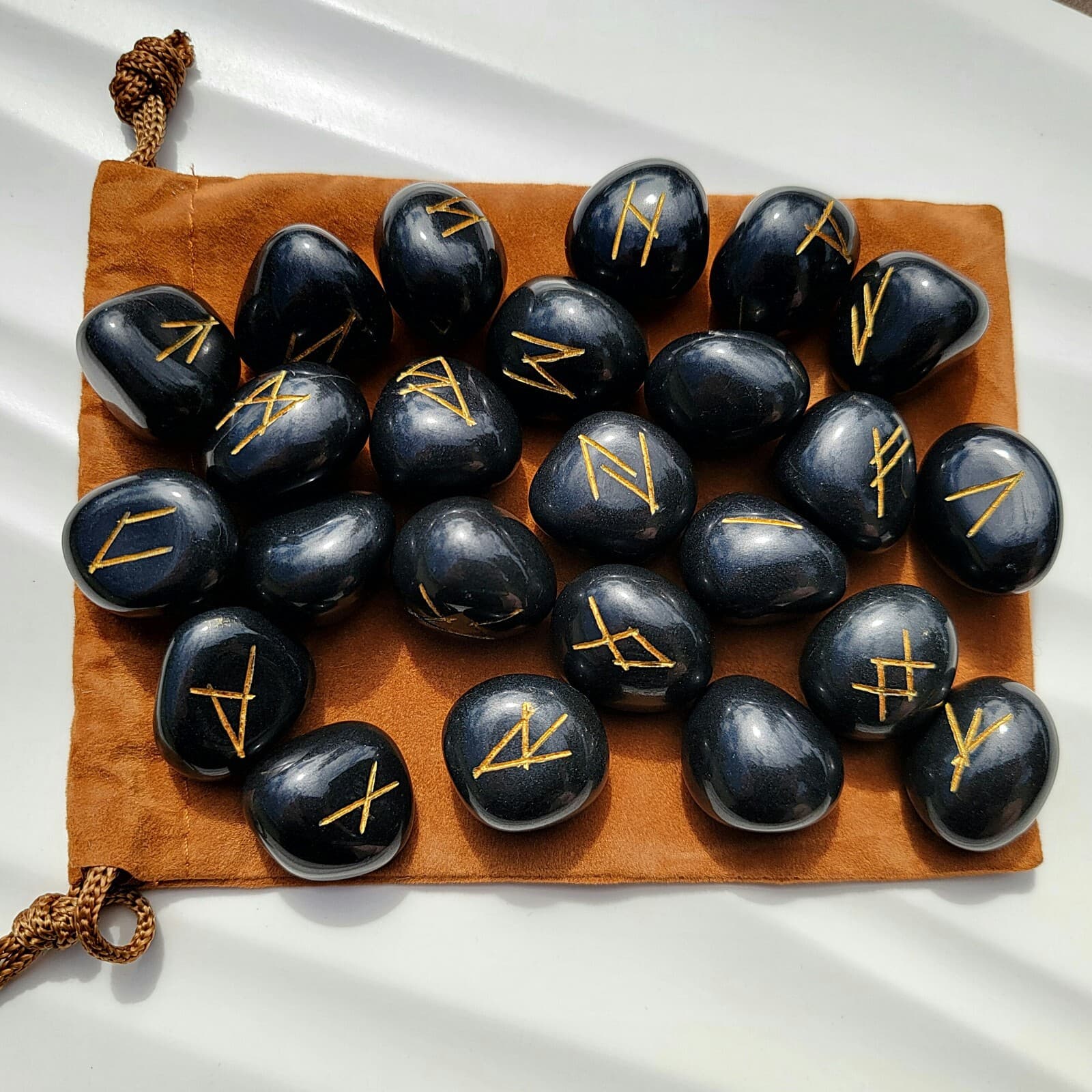 Black Agate Rune Set with Bag, Natural Gemstone, Stone Viking Runes 4