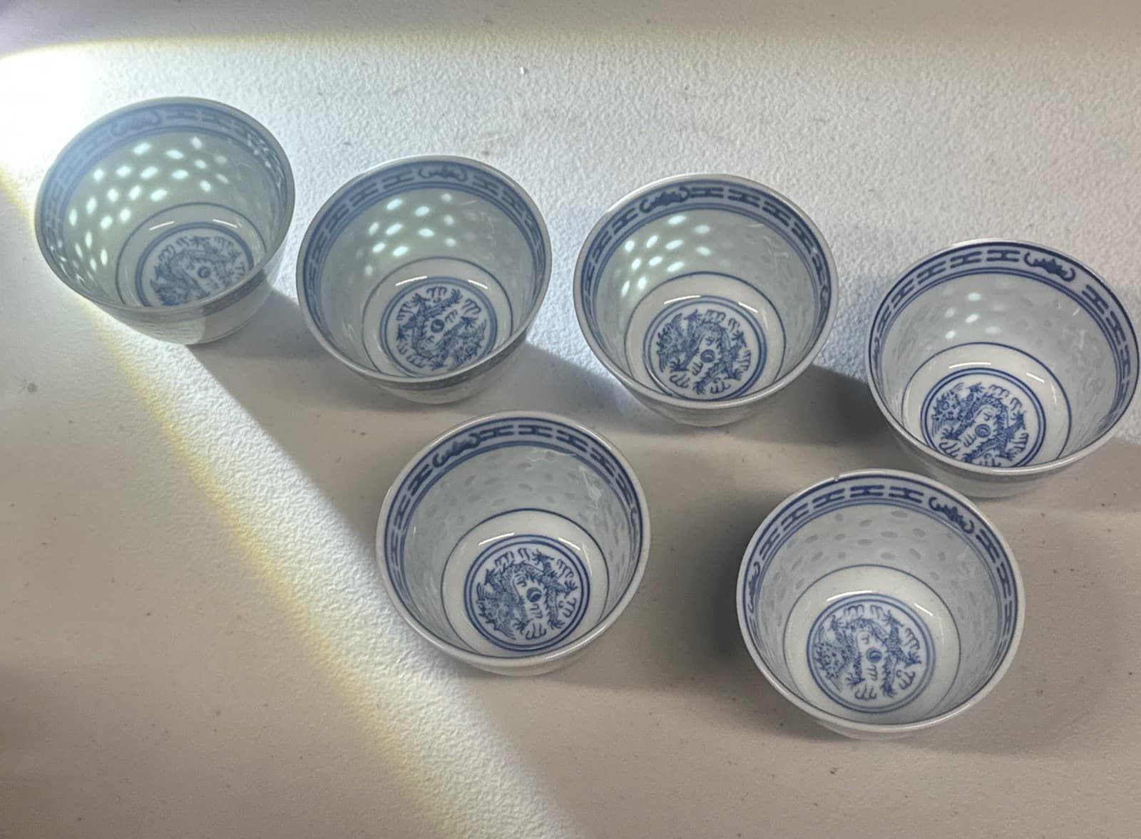 Vintage 6 Chinese Floral Blue White Porcelain Rice Eye Grain Bowl Jingdezhen 3” 2