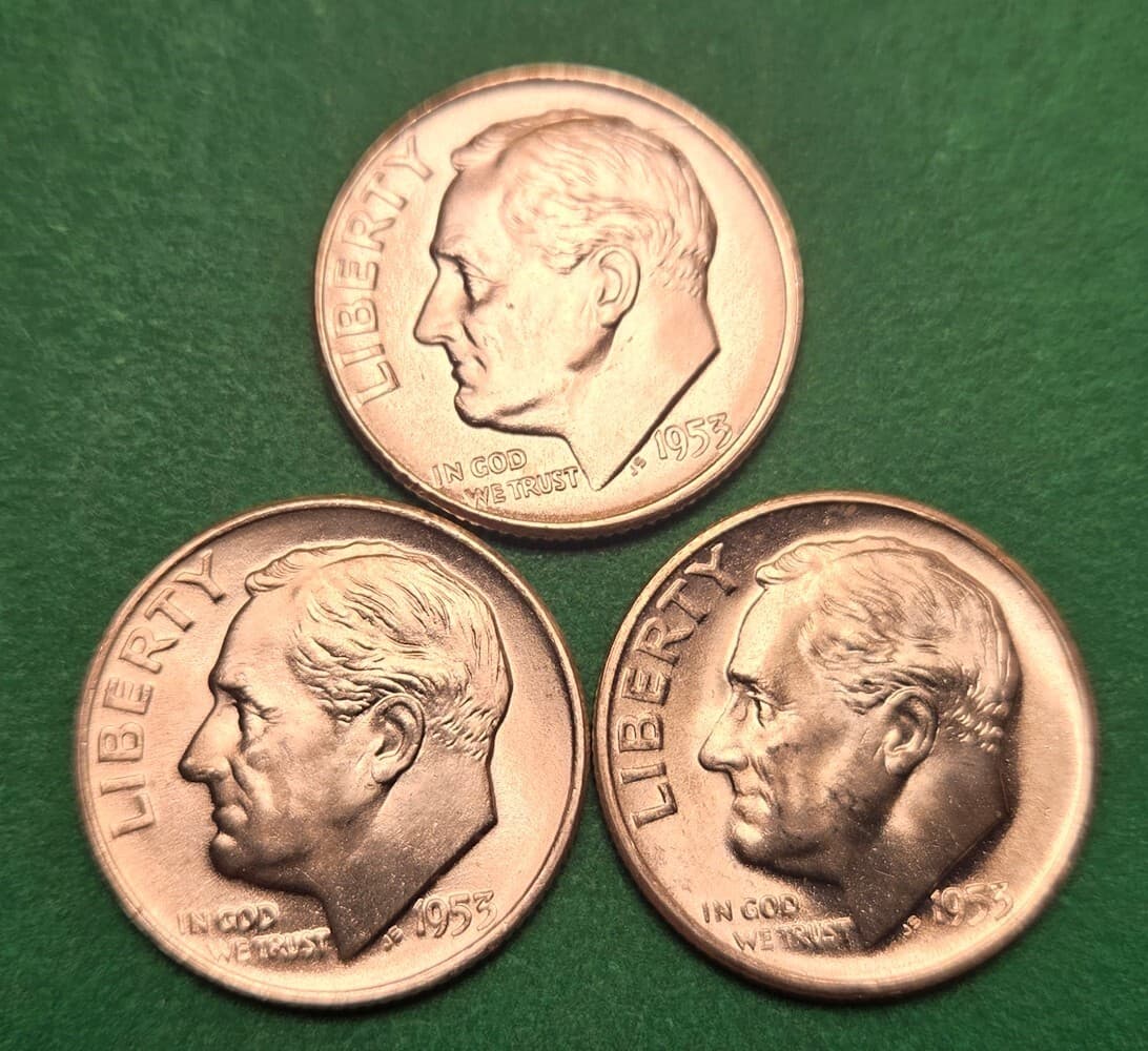 1953 PDS (3 coins) Roosevelt Dimes from original BU rolls - 24 Sold