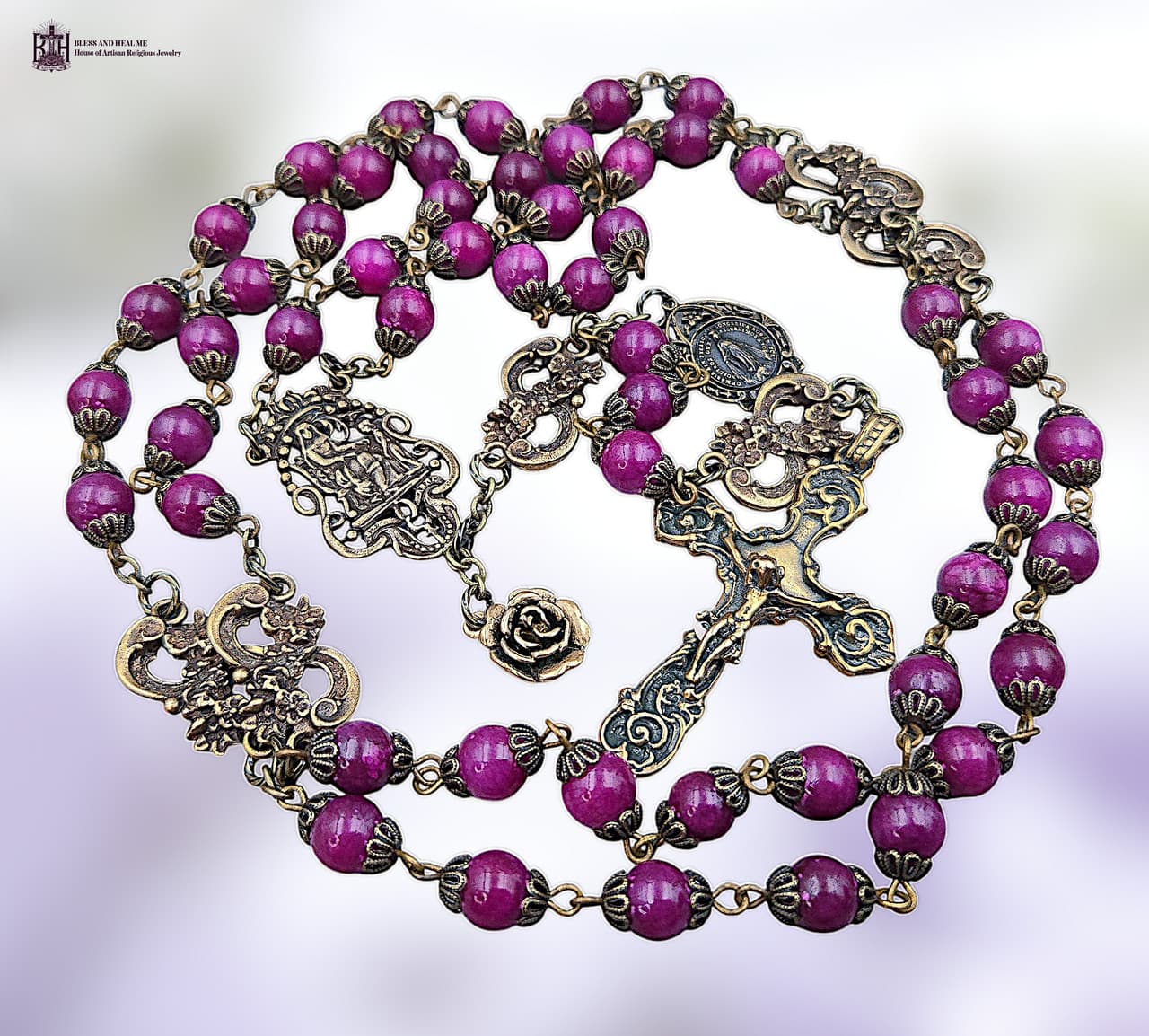St Anne & Miraculous Mary Heirloom Rosary | Heritage Bronze| Magenta Jade 4