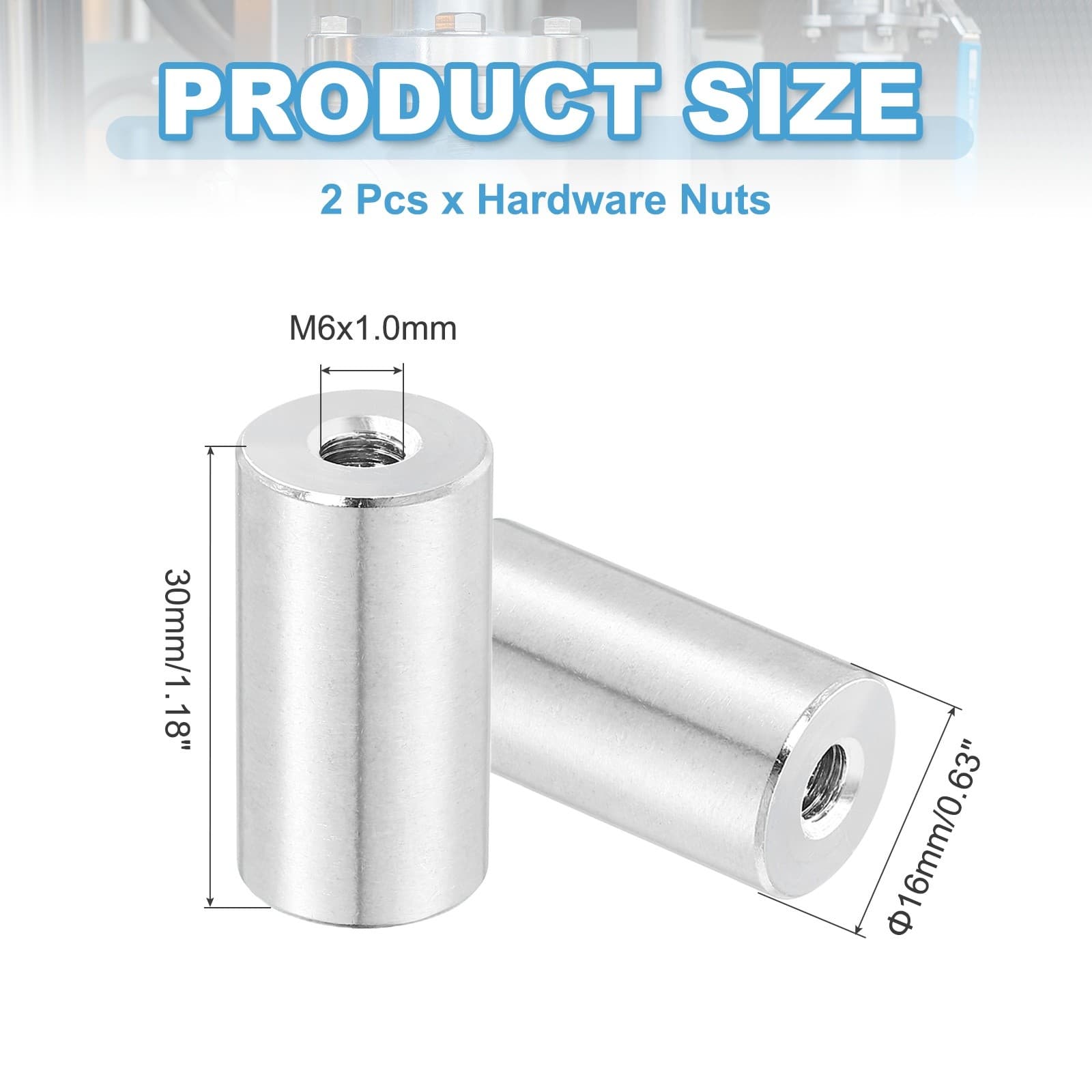 2Pcs 304 Stainless Steel M6x1.0mm Round Coupling Nuts, 0.63x1.18"(ODxH) 2