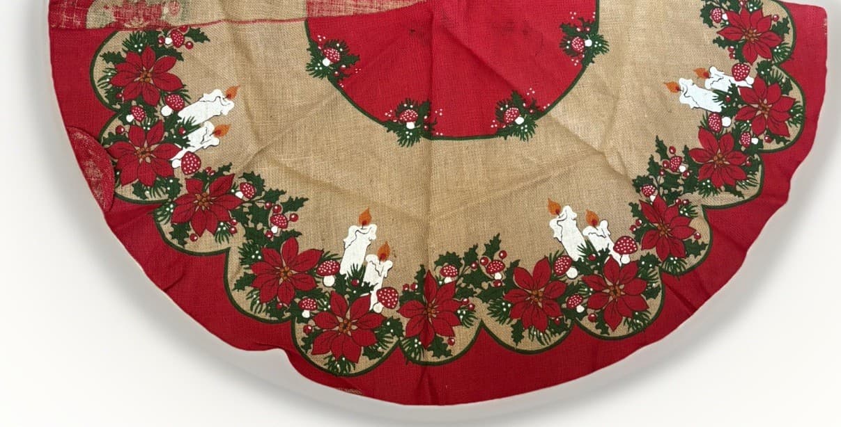Vtg Scandinavian Christmas Tree Skirt – Painted Mushrooms Candles on Burlap Jute 3