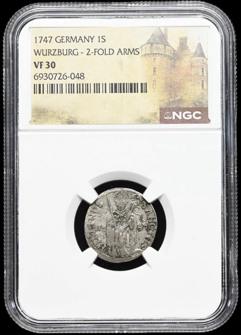 GERMANY 1747 AD Wurzburg. Silver Schilling 1S Medieval Bishop Rare Coin NGC VF30 3