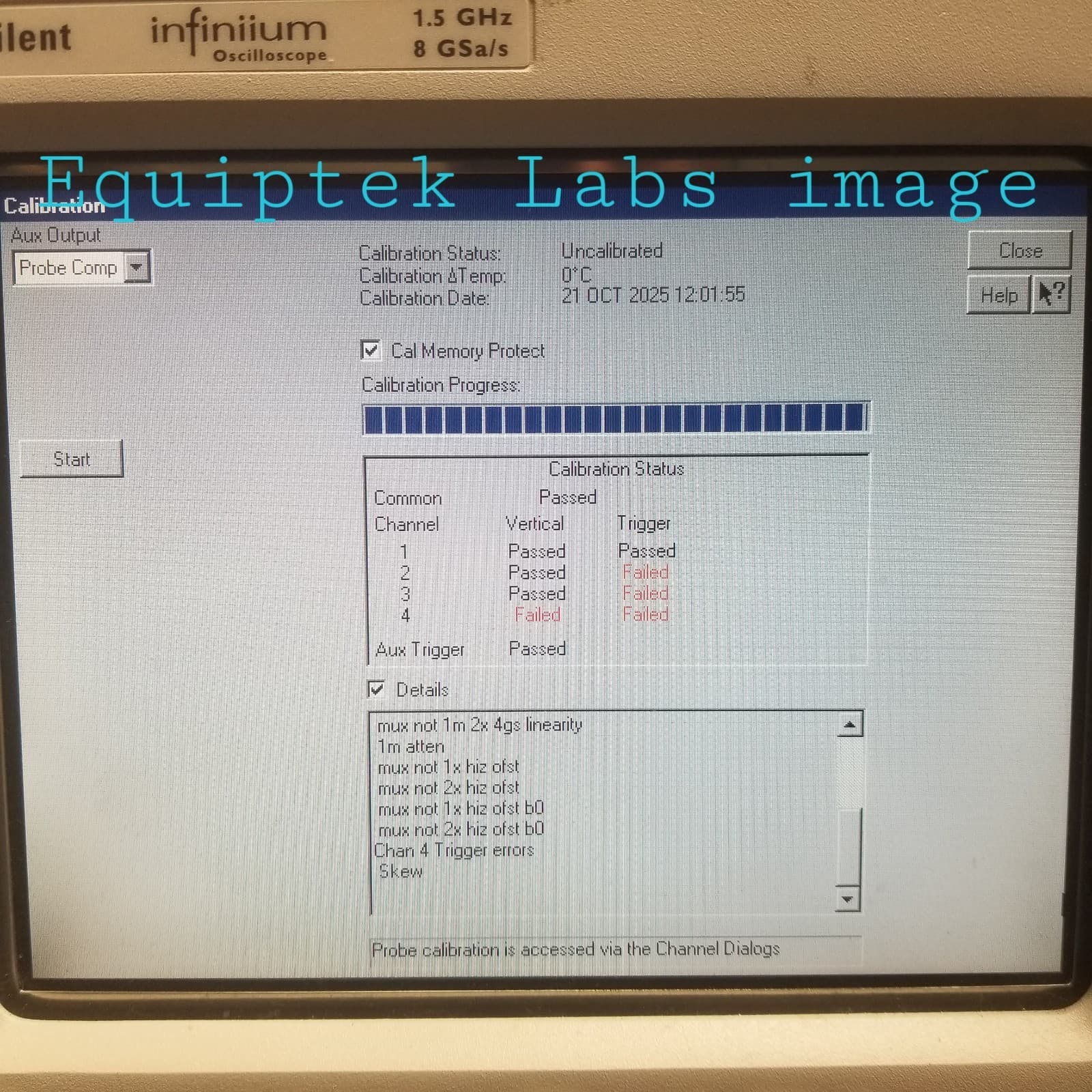 Agilent 54845A Oscilloscope 1.5 GHz DSO 4 Ch 50/1 MΩ works but fails self cal 2