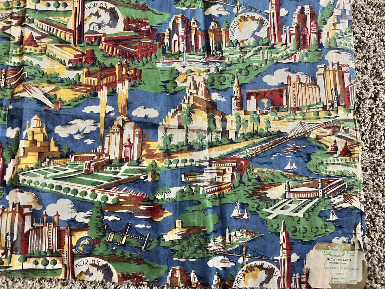 Rare 1939 Worlds Fair Cotton Fabric Yardage Aria view Of  Fairgrounds 39"Wx 35"L 6
