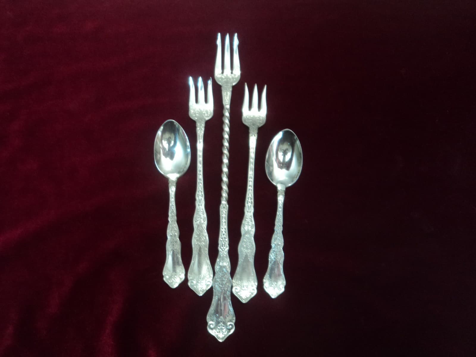 Silverplate Lot of 5 Alhambra Appetizer Forks Demitasse Spoons  1907