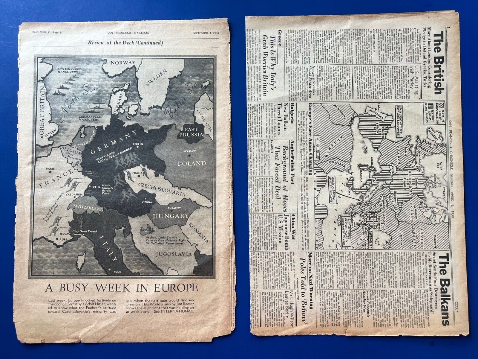 Two Pre-WW2 WWII 1938 1939 Newspapers MAPS OF EUROPE Max Factor, Diego Rivera