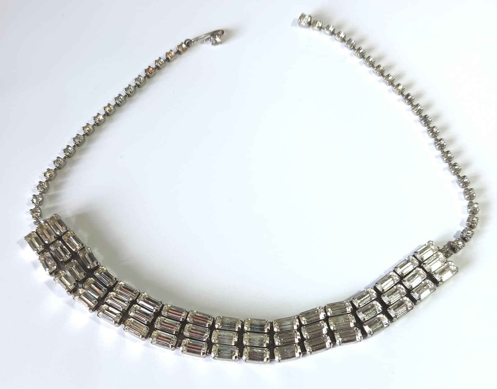 Vintage Silver-tone Necklace w 3 Rows of Baguette White Rhinestones 16" 2