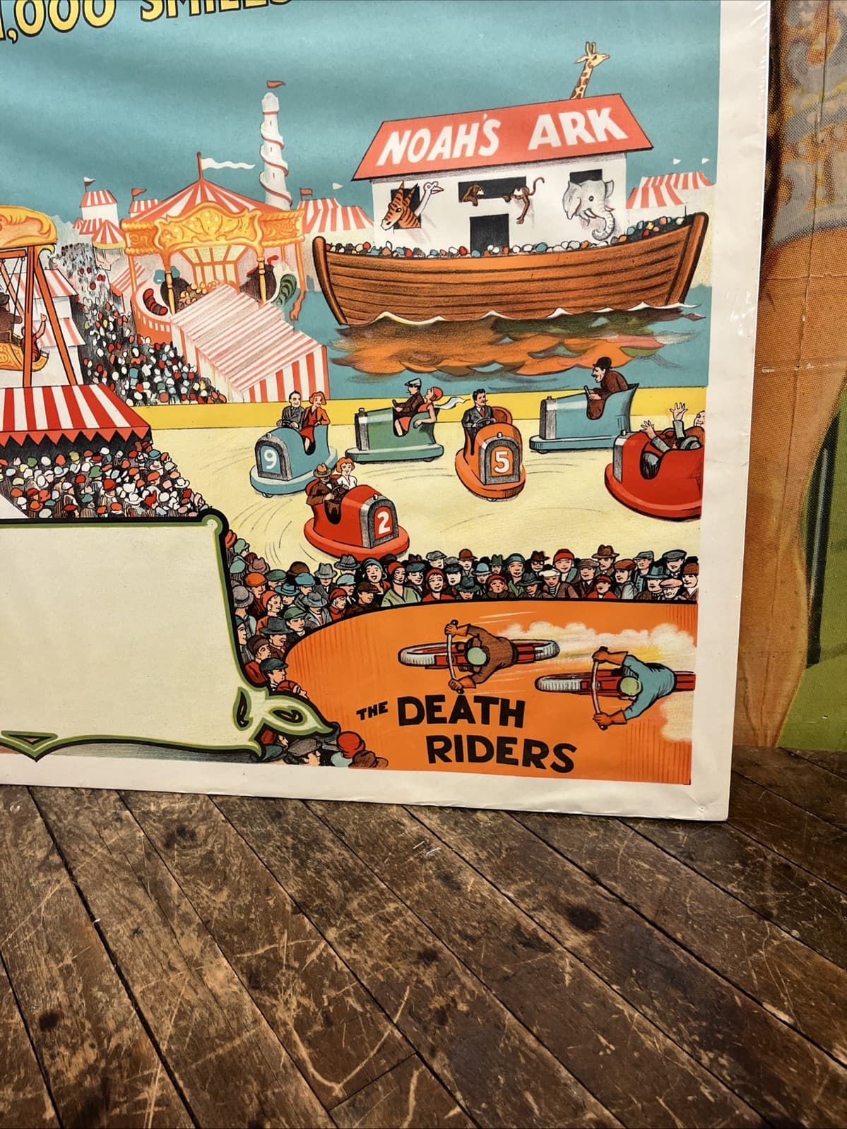 VINTAGE C. 1930 CARNIVAL & FUN FAIR POSTER SIGN DEATH RIDERS SIDESHOW CIRCUS HTF 4