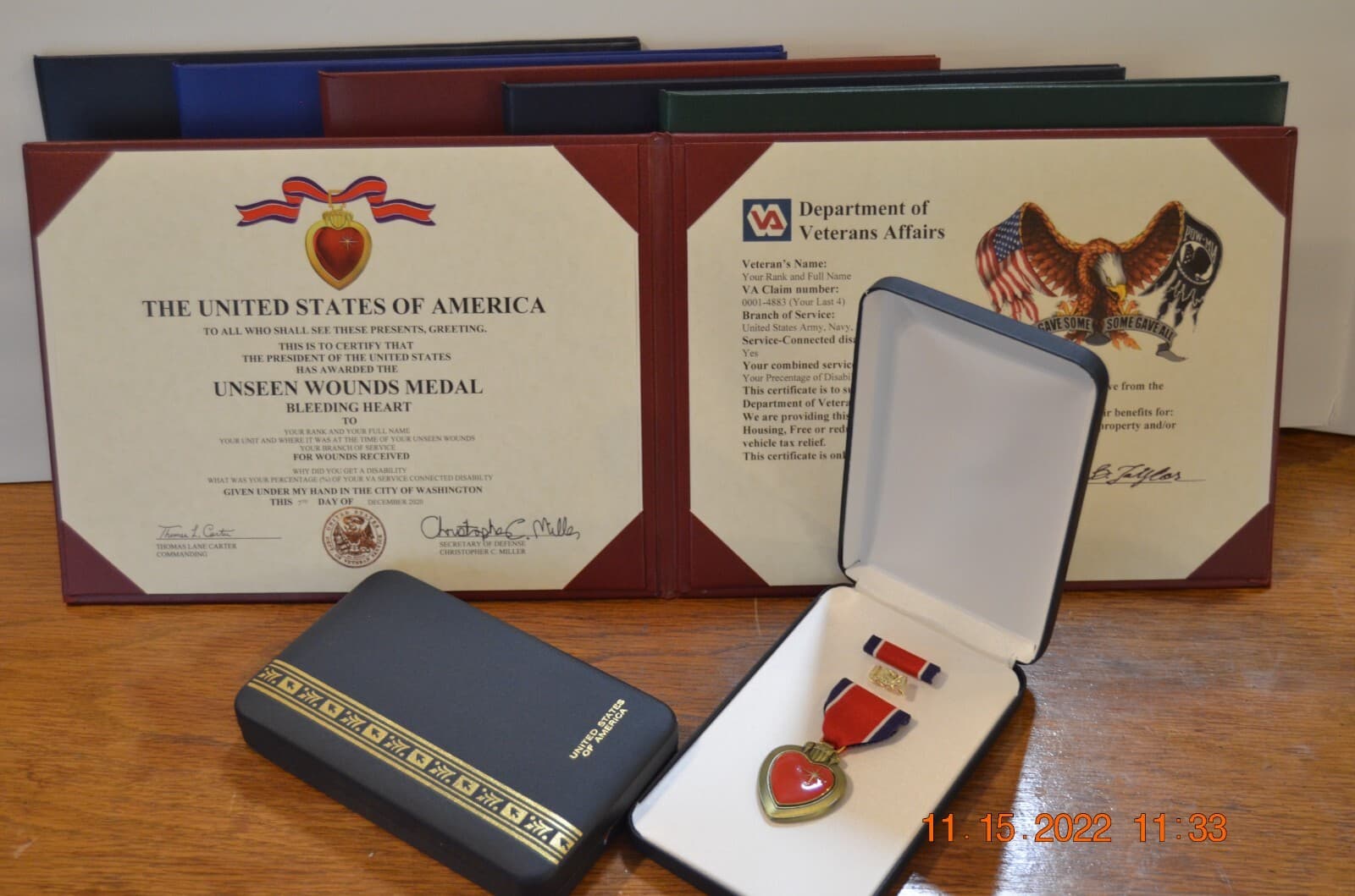 Unseen Wound Medal, Ribbon’s in Medal Case with Certificate and Certificate Fold